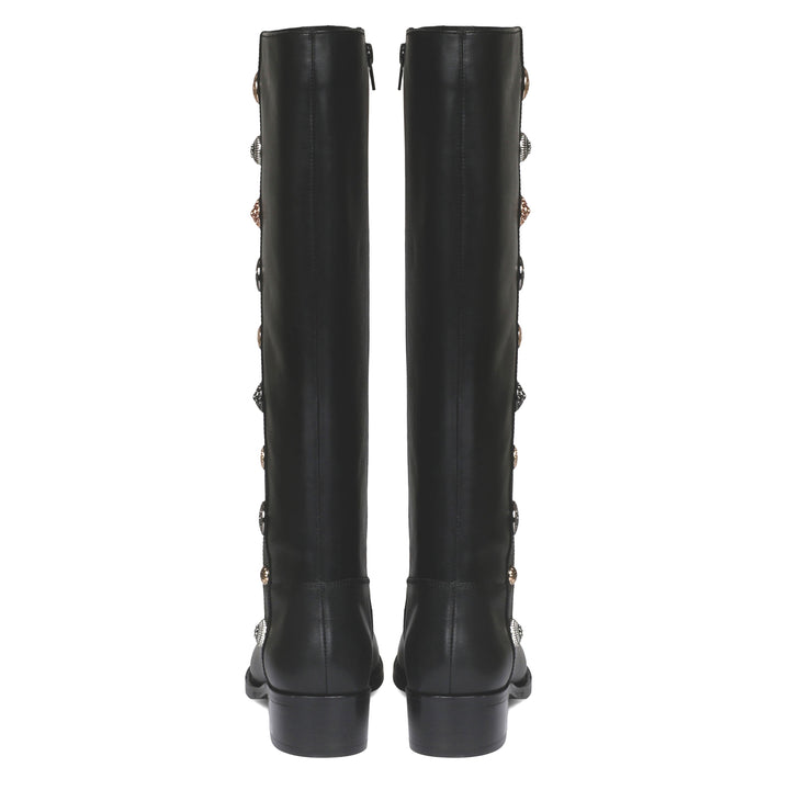 Women's black leather knee high boots, back pair view showing button trim