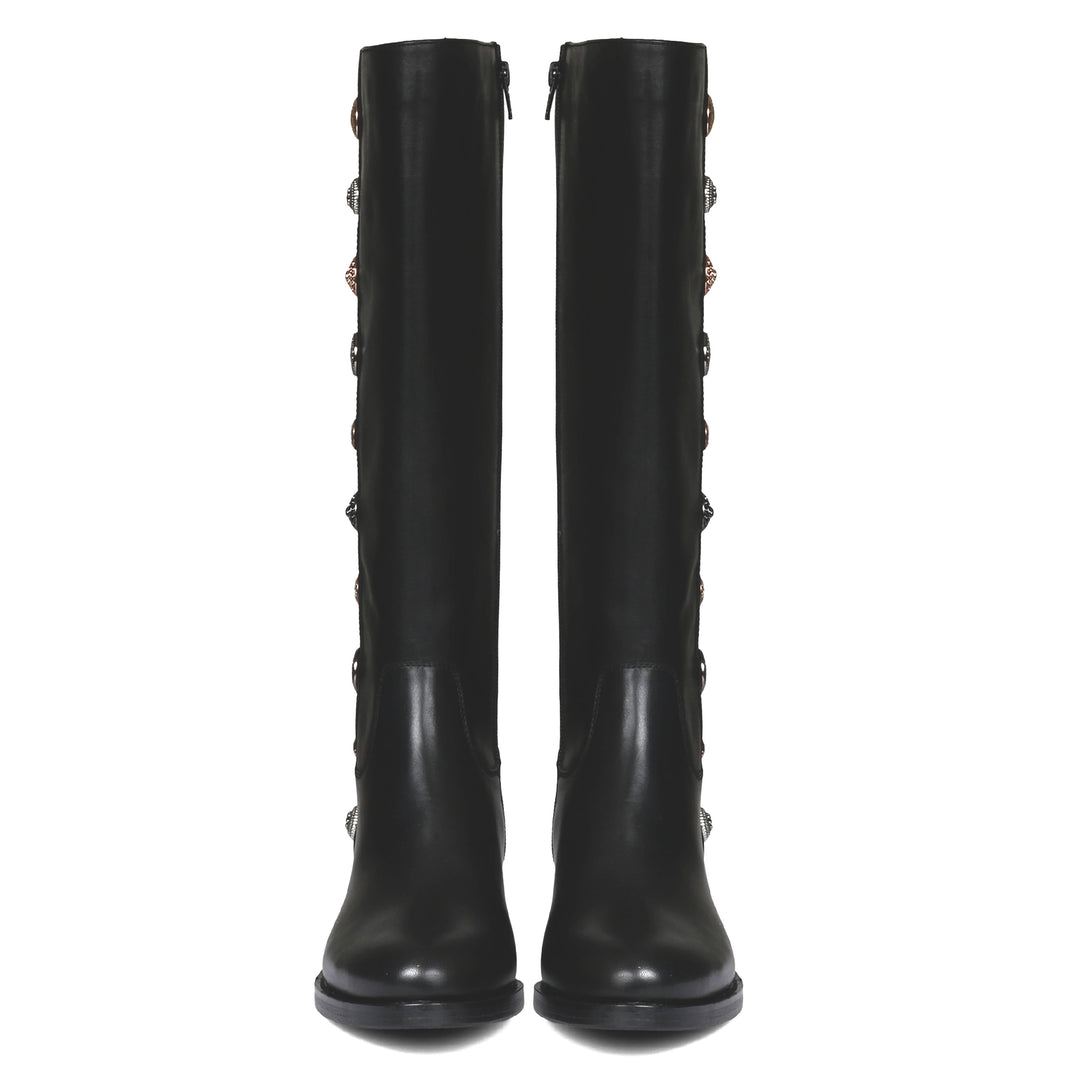 Saint Adriano black leather knee high boots, front pair view