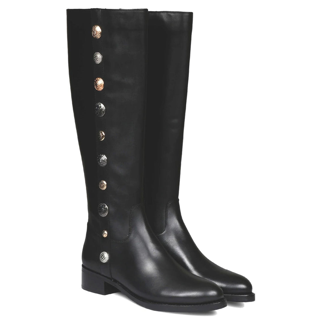 Black leather knee high boots for women UK, pair view showing mixed-metal button trim