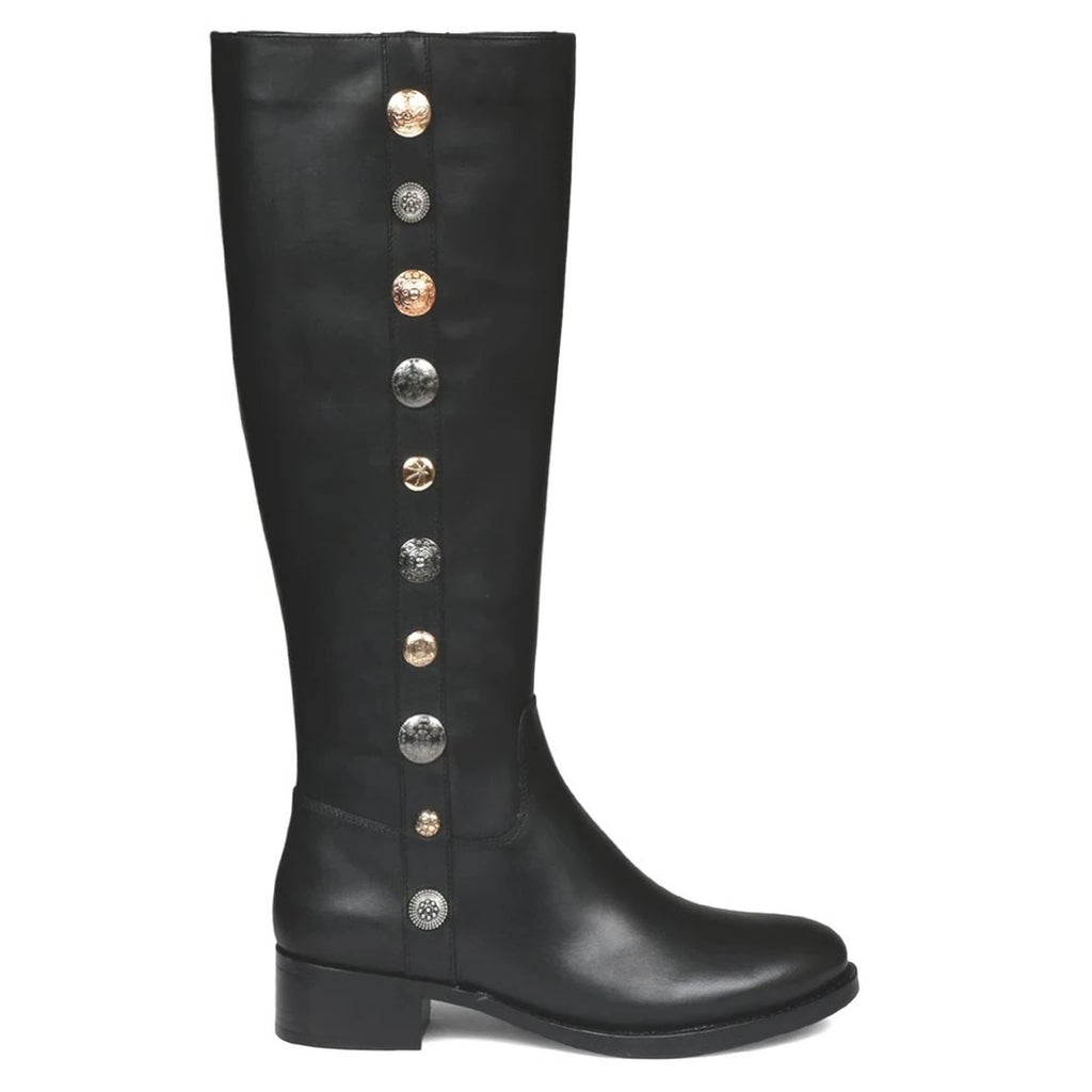 Saint Adriano black leather knee high boots for women, side view of decorative button trim