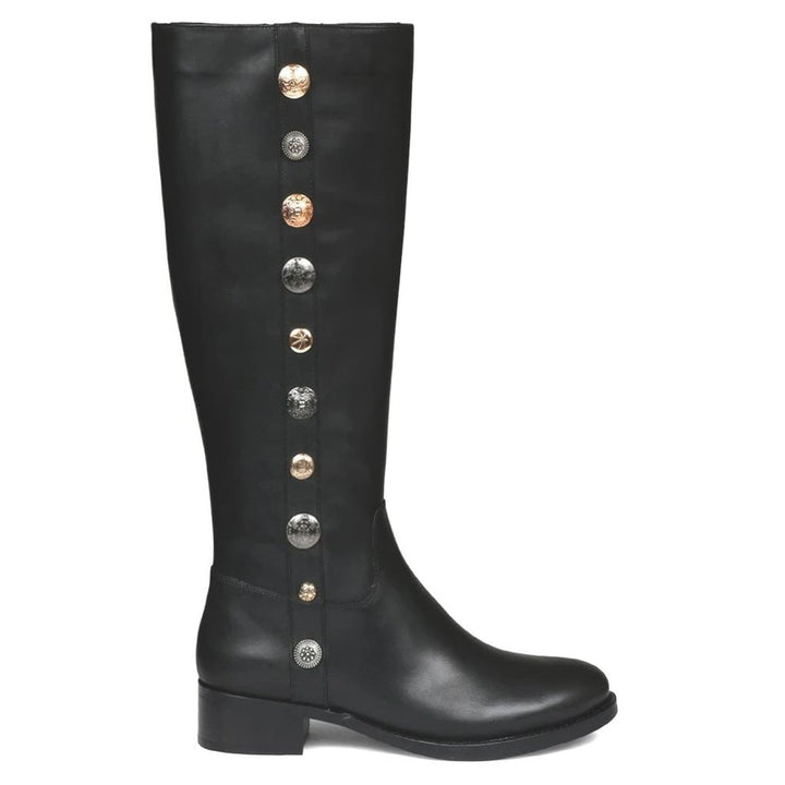 Saint Adriano black leather knee high boots for women, side view of decorative button trim