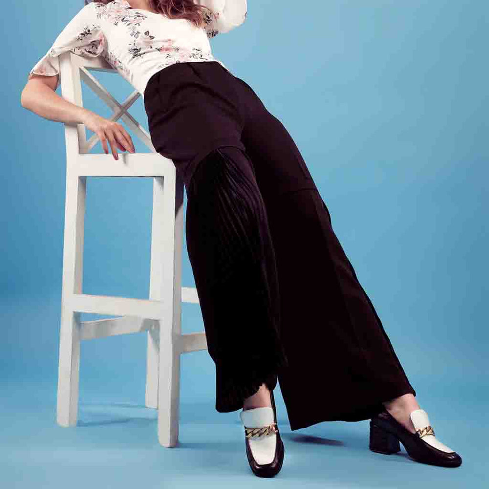 Women's Black and White Leather moccasins, Styled Lifestyle Shot — Best Ladies Shoes UK