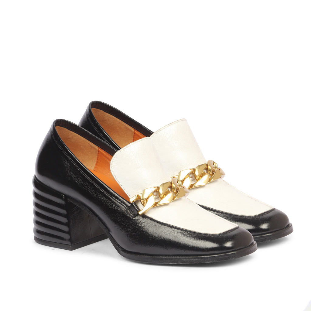 Best Ladies Black and White Leather Chain moccasinss, Pair Angled View — Women's Shoes UK