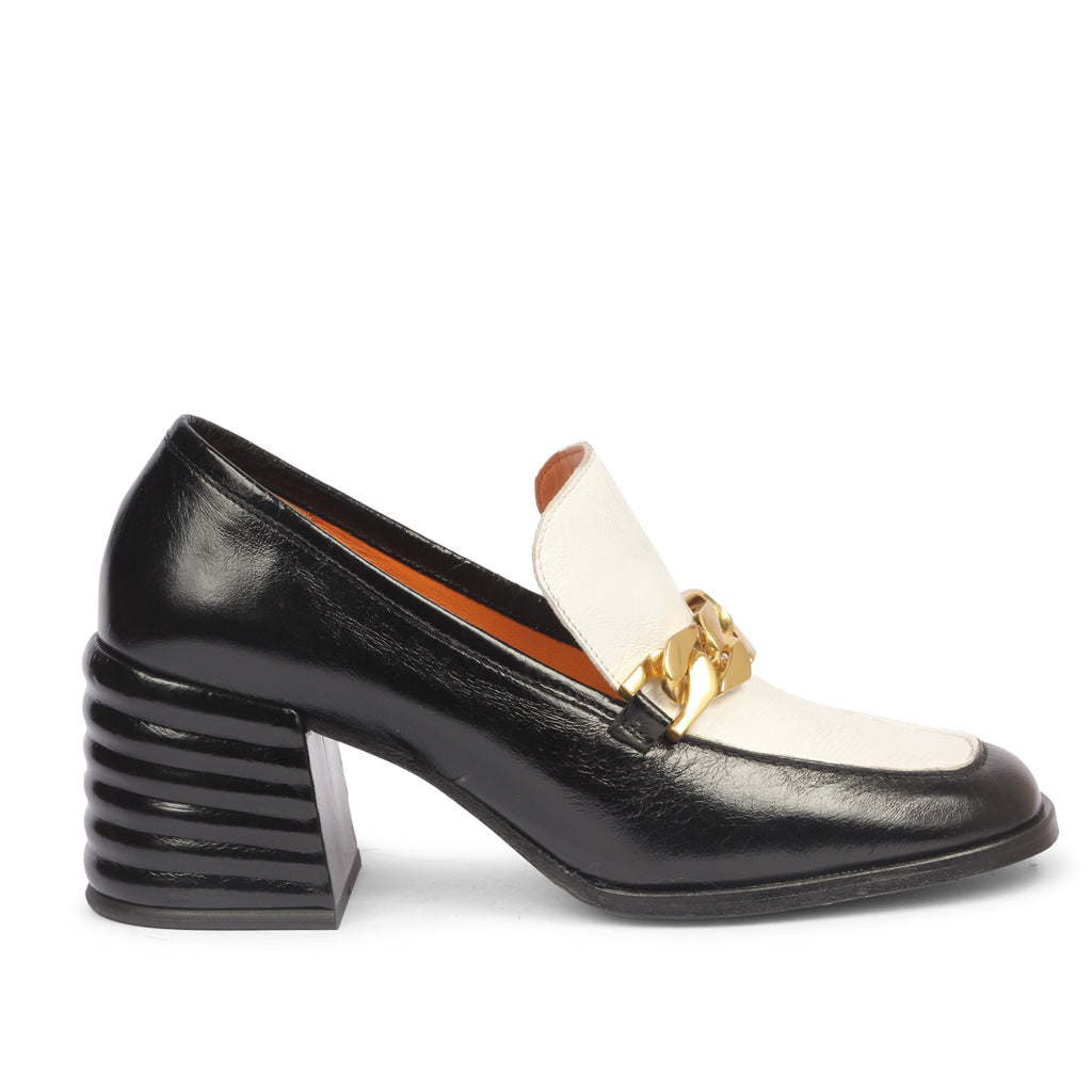 Best Women's Black and White Leather Chain moccasins, Side View — Ladies Shoes UK