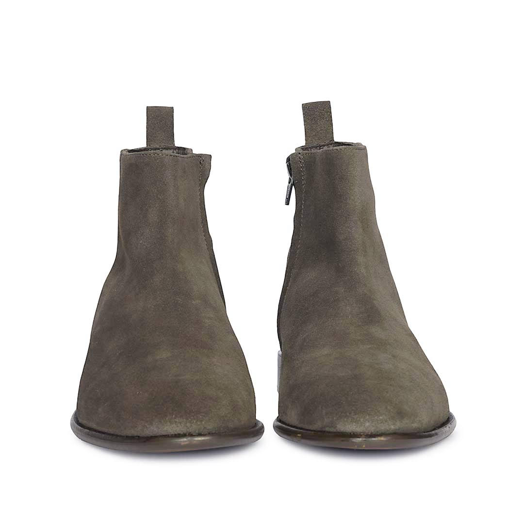 Best Men's Suede Leather Boots, Olive Grey - Angled Pair View UK
