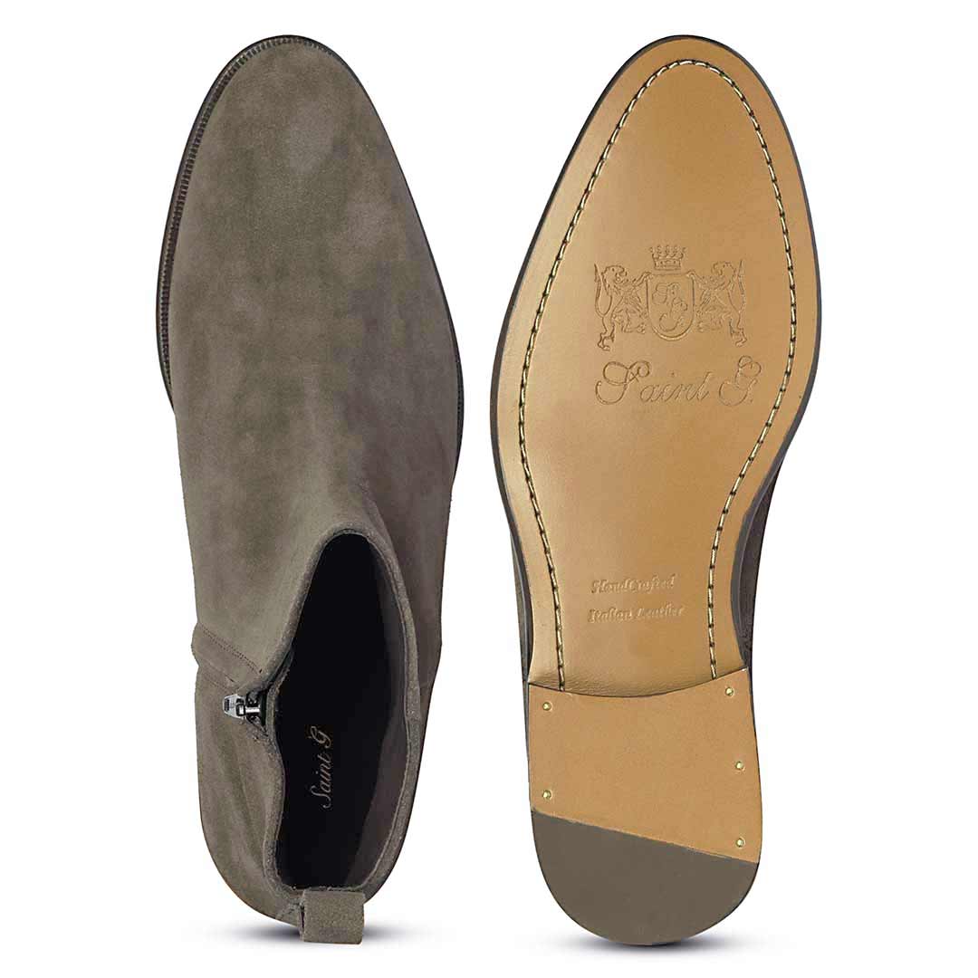 Best Men's Olive Grey Suede Leather - Detail Close-Up, Handcrafted Boots UK