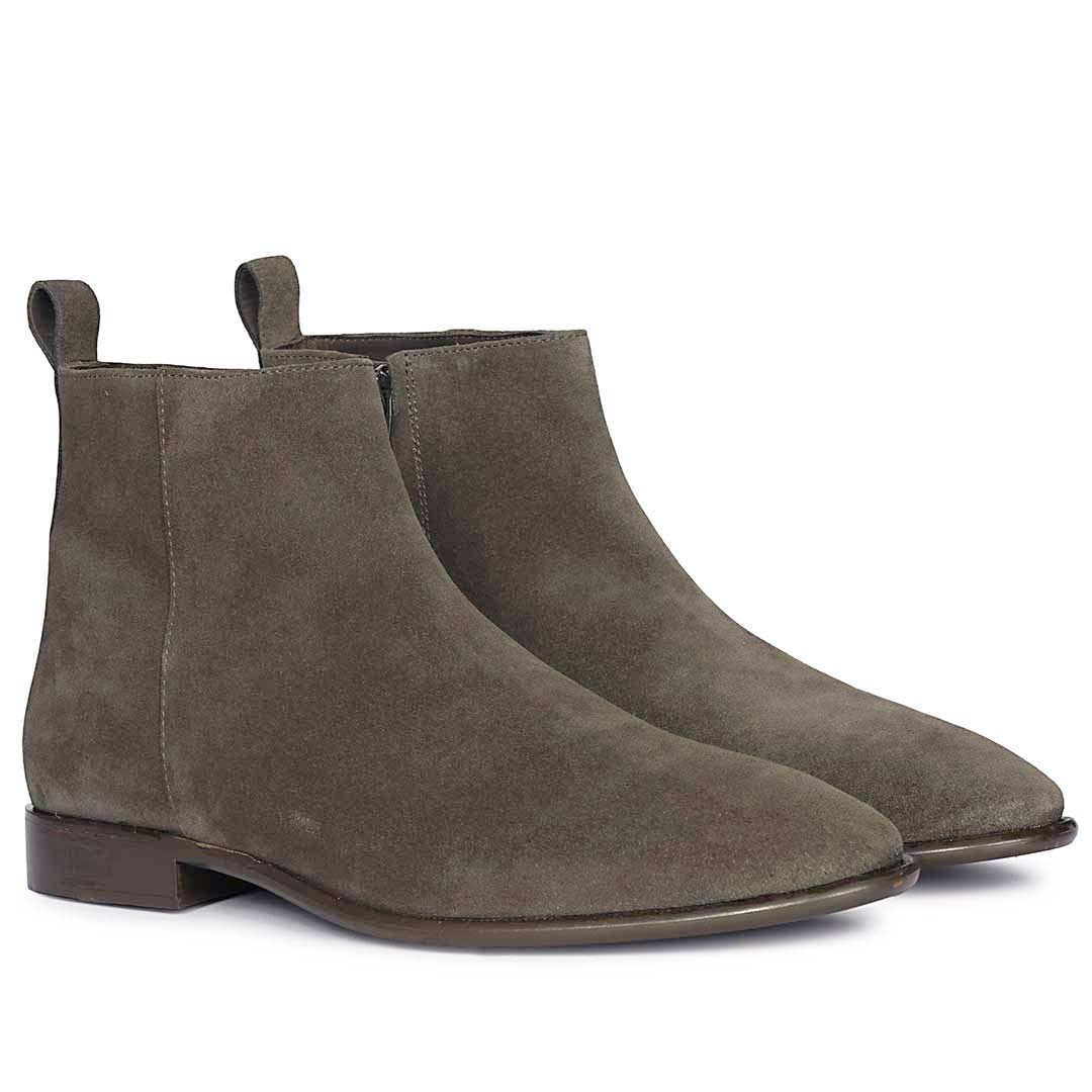 Men's Olive Grey Suede Boots, Angled Side View - Best Leather Boots UK