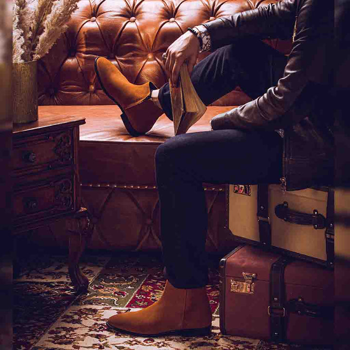 Men's Tan Suede Chelsea Boots Styled On-Foot - Handcrafted Leather Footwear UK