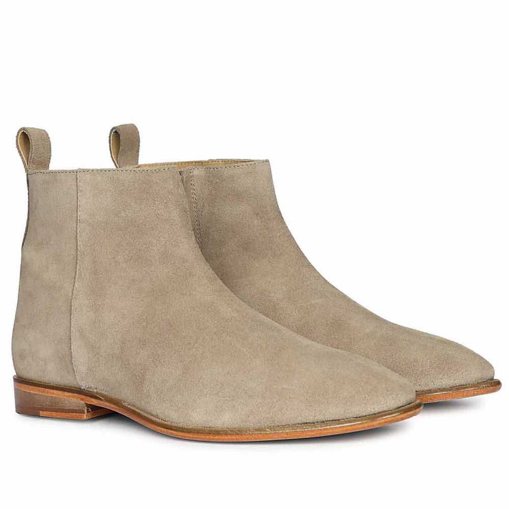 Men's Taupe Suede Chelsea Boots, Angled Side View - Best Leather Boots UK