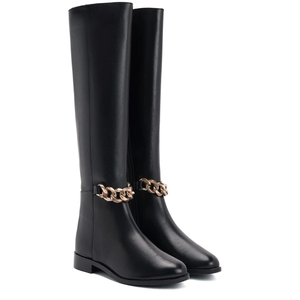 Black leather knee high boots for women UK, pair view showing gold chain detail