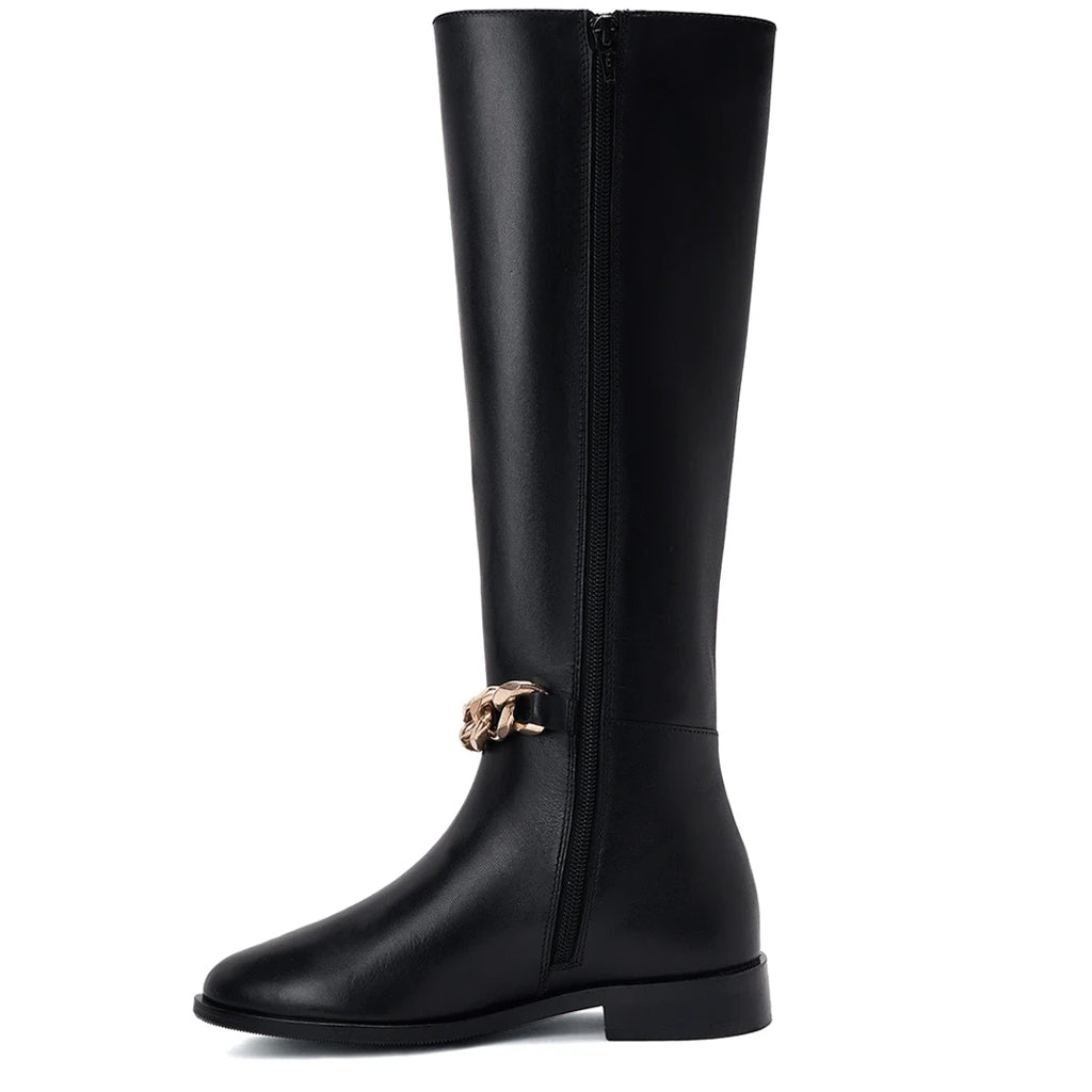Saint Alina black knee high boots, side view showing zip closure and gold chain