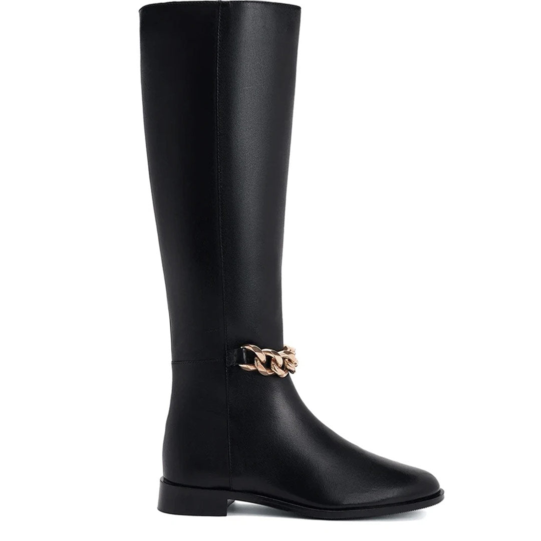 Saint Alina gold chain embellished black leather knee high boots for women, side view of chain strap