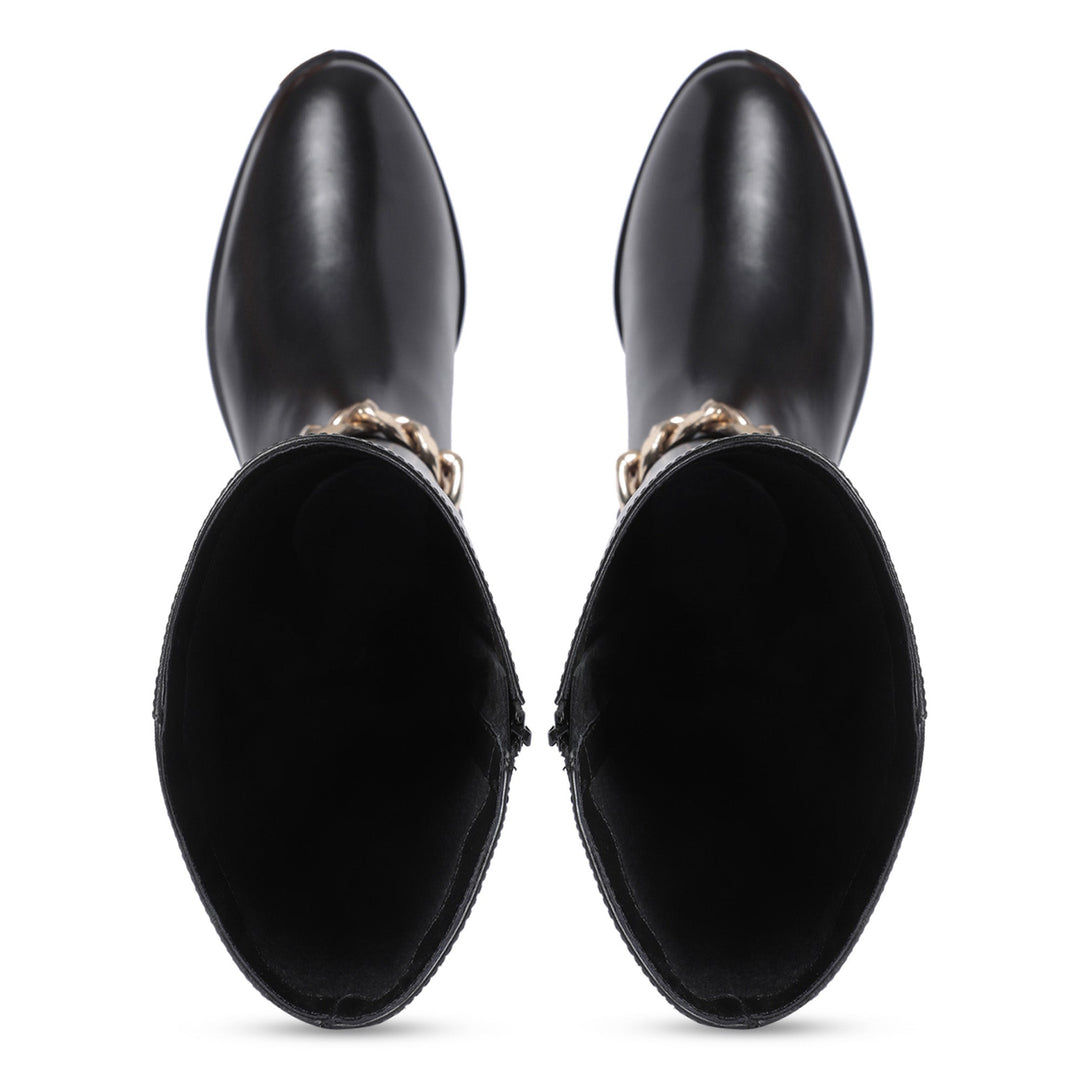 Saint Alina black leather knee high boots, top-down interior view showing chain strap