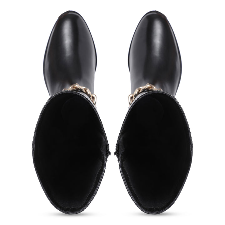 Saint Alina black leather knee high boots, top-down interior view showing chain strap