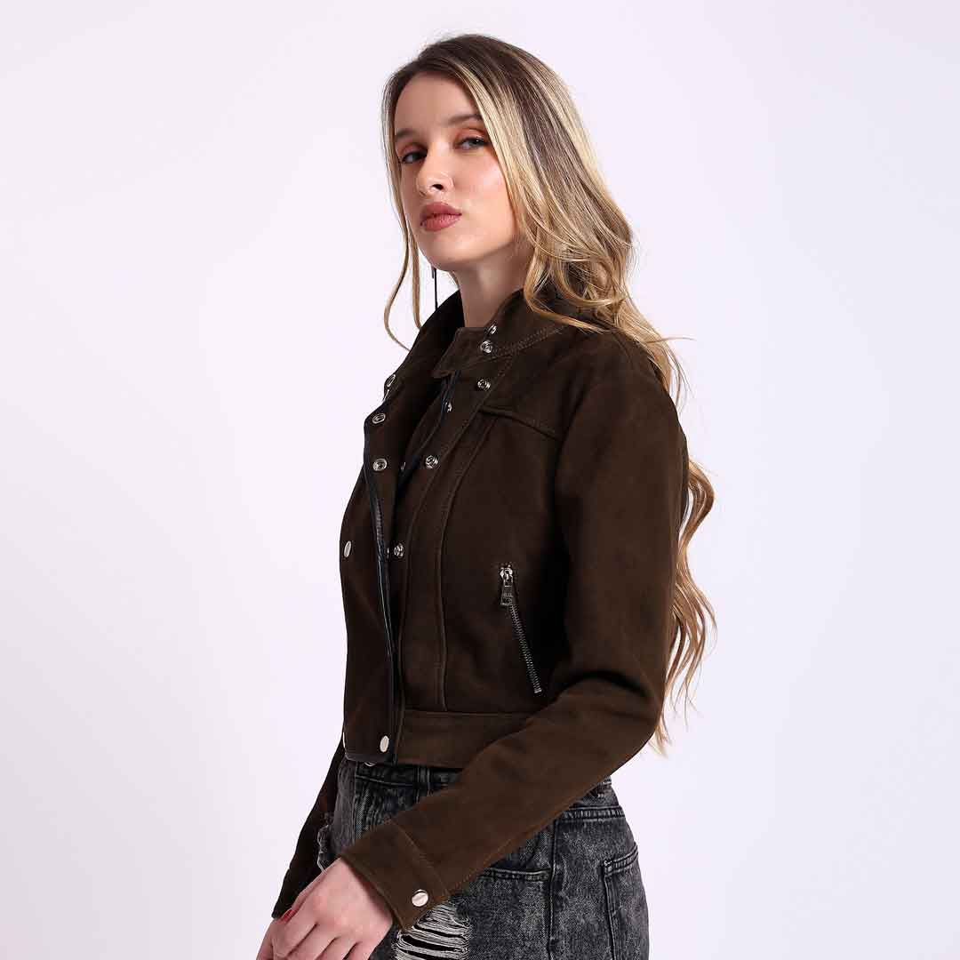 Saint Alora olive suede biker jacket UK, side view showing zip pocket