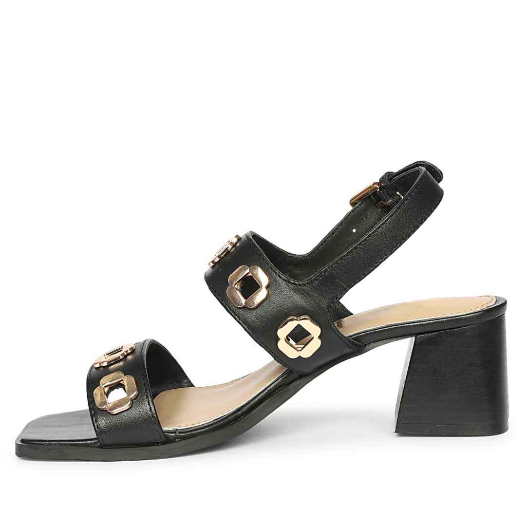 Black low block heels for women gold flower and square buckle – angle view