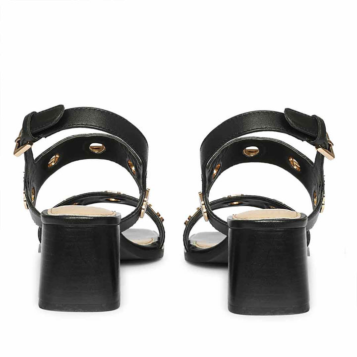 Black low block heel sandals slingback ankle strap – back view