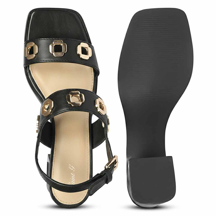 Low block heels for women black leather gold buckle straps – top view