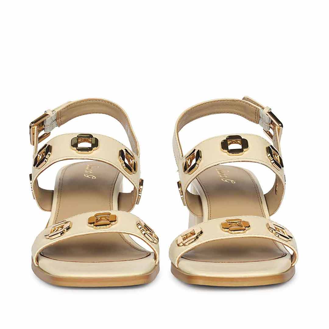 Low block heel sandals off white leather open toe – front view