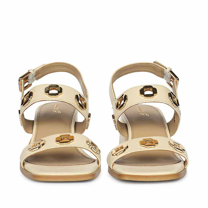 Low block heel sandals off white leather open toe – front view