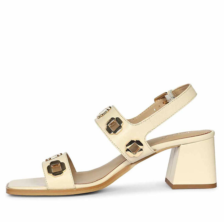 Low block heel sandals for women with gold square buckle straps – right angle view