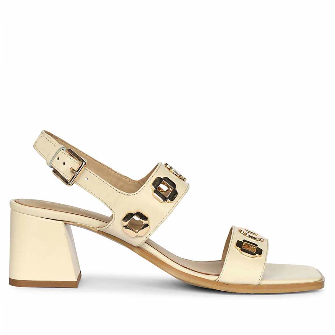 Off white low block heel sandals with square gold buckle straps – side profile