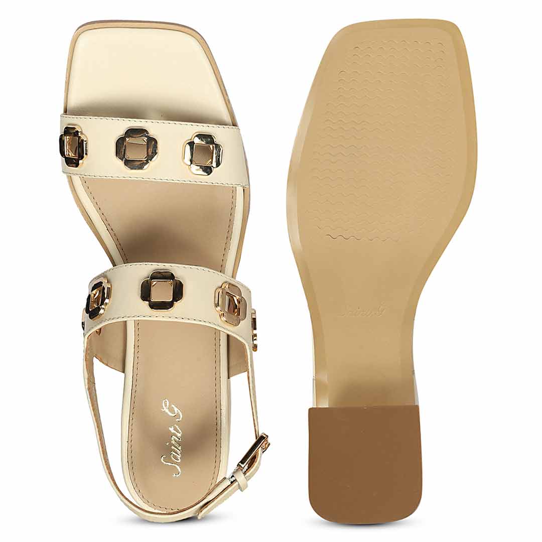 Off white low block heel sandals leather sole detail – sole view