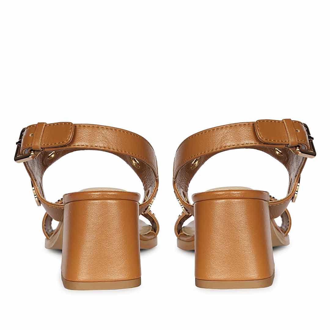 Tan low block heel shoes leather for women – back detail