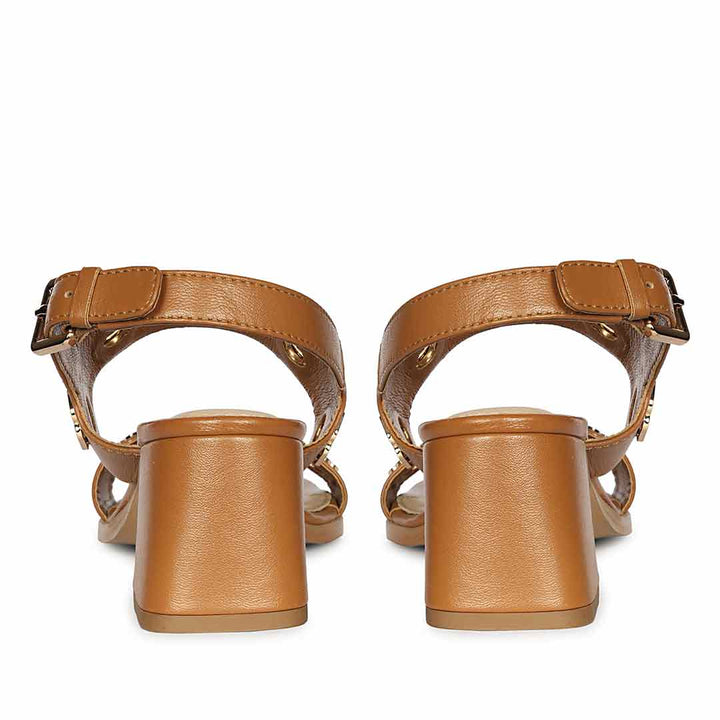 Tan low block heel shoes leather for women – back detail