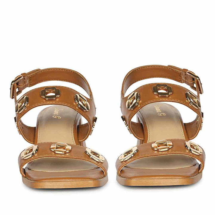 Pair of tan low block heels style – front view