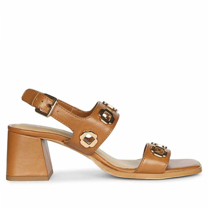 Low block heels for women tan leather gold eyelet detail – right angle view