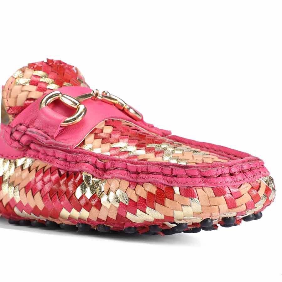 Close-up of gold horsebit buckle on Saint Amara metallic pink woven leather loafers UK
