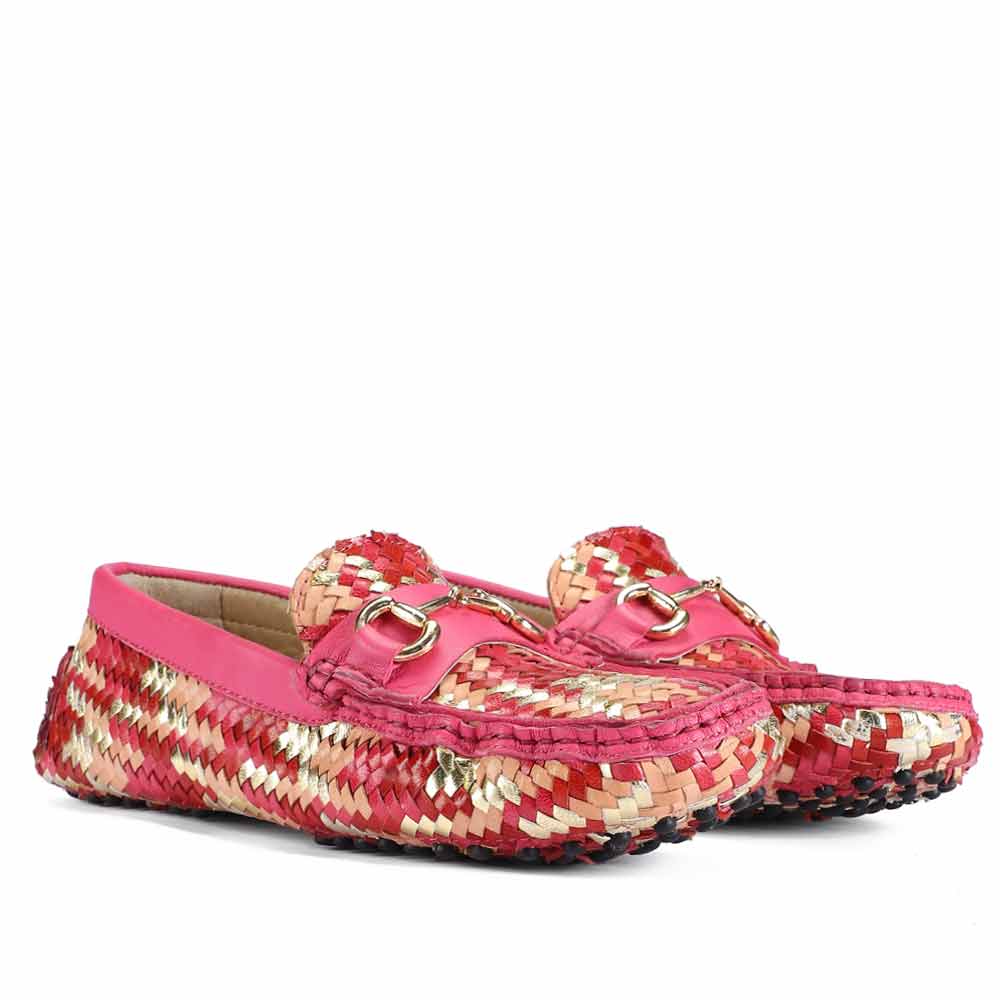 Ladies metallic pink woven leather loafers UK, Saint Amara pair angled view