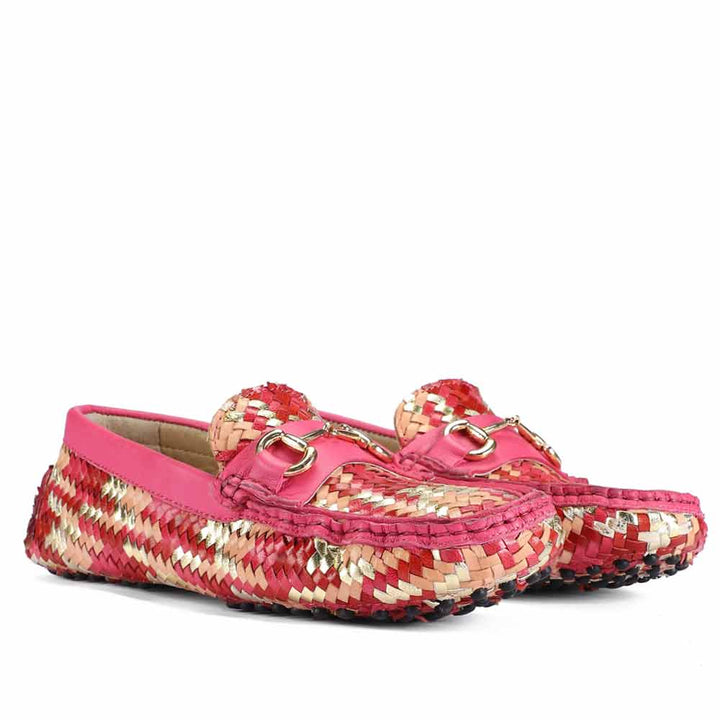 Ladies metallic pink woven leather loafers UK, Saint Amara pair angled view