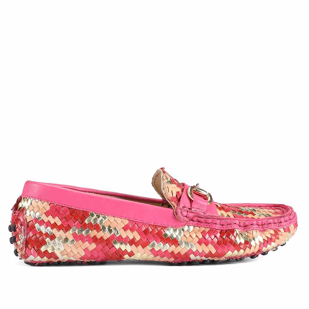 Best metallic pink woven leather loafers for women UK, Saint Amara side view