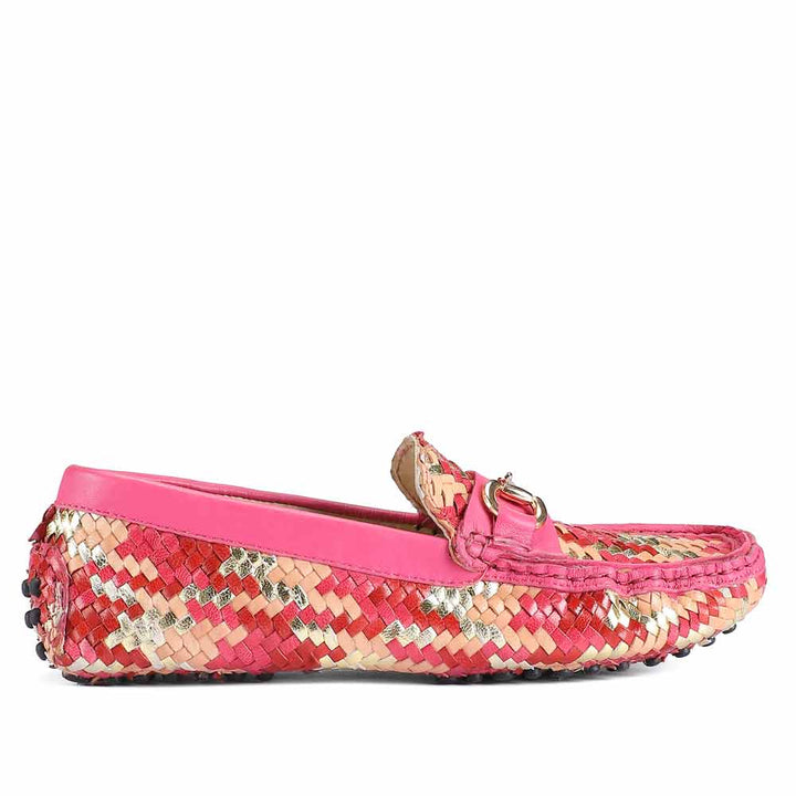 Best metallic pink woven leather loafers for women UK, Saint Amara side view