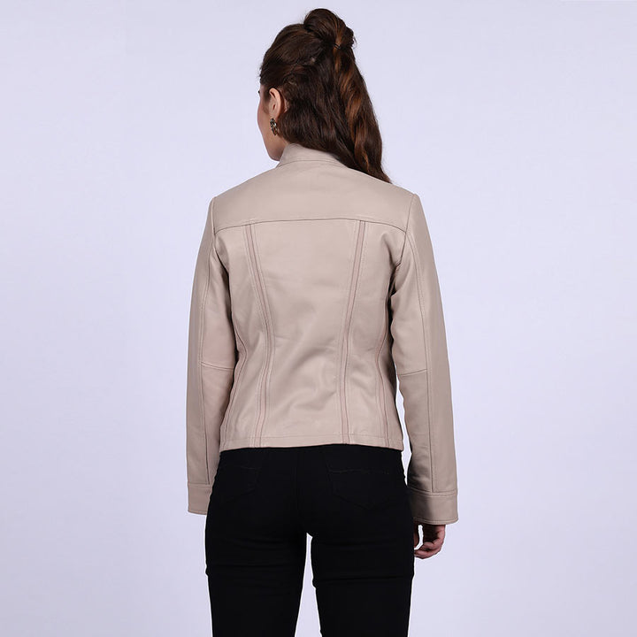 Saint Amaya beige leather cafe racer jacket UK, back view
