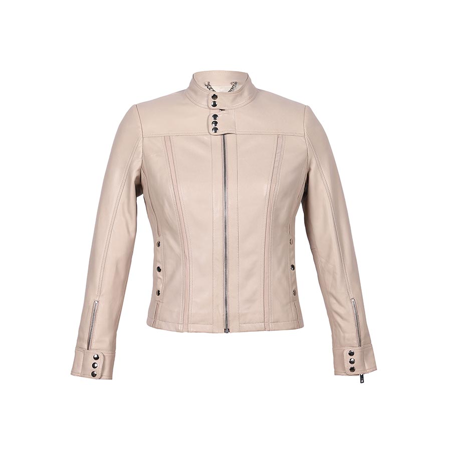 Saint Amaya beige leather cafe racer jacket UK, flat product shot