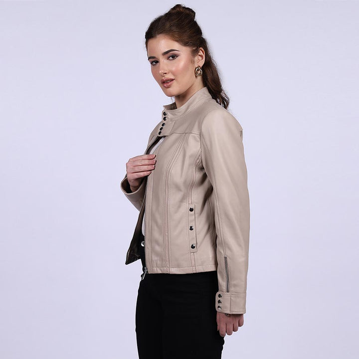Beige leather cafe racer jacket for women UK, side view showing button-tab collar