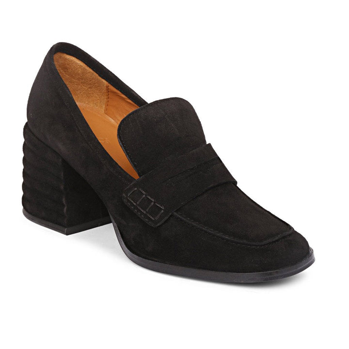 Ladies Black Suede Horsebit moccasins, Angled Front View — Women's Shoes UK