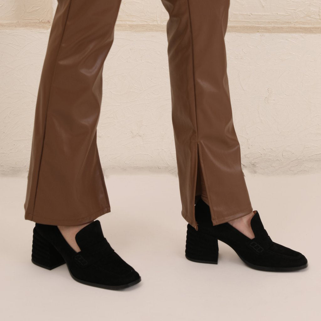 Women's Black Suede moccasins, Styled Lifestyle Shot — Best Ladies Shoes UK