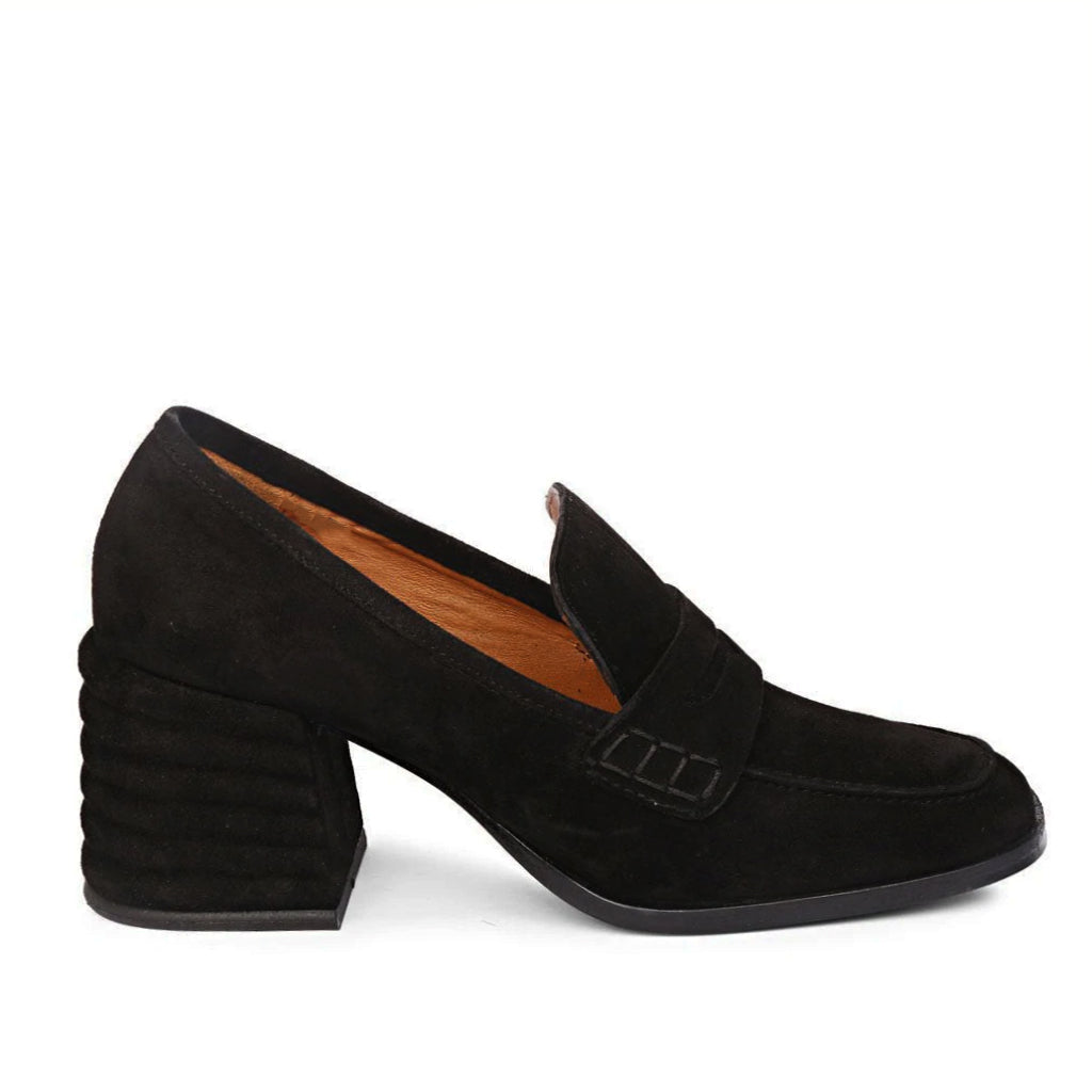 Best Women's Black Suede Horsebit moccasins, Side View, Block Heel — Ladies Shoes UK