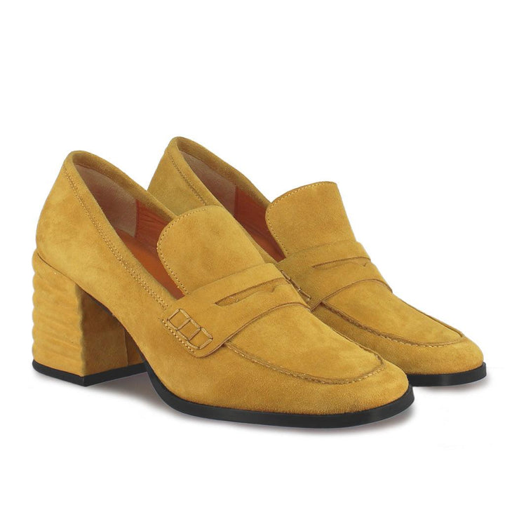 Best Ladies mustard suede handcrafted shoes for women, angled pair view, UK