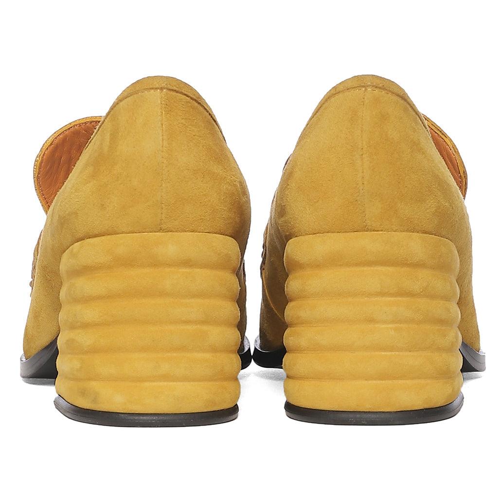Best mustard suede leather handcrafted shoes, back heel view, UK