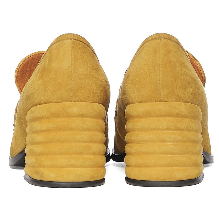Best mustard suede leather handcrafted shoes, back heel view, UK