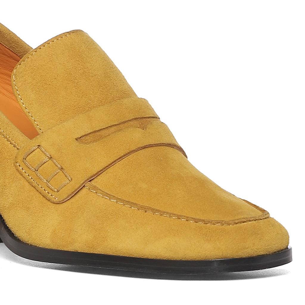 Ladies best mustard suede shoes, front vamp and penny-strap detail, UK