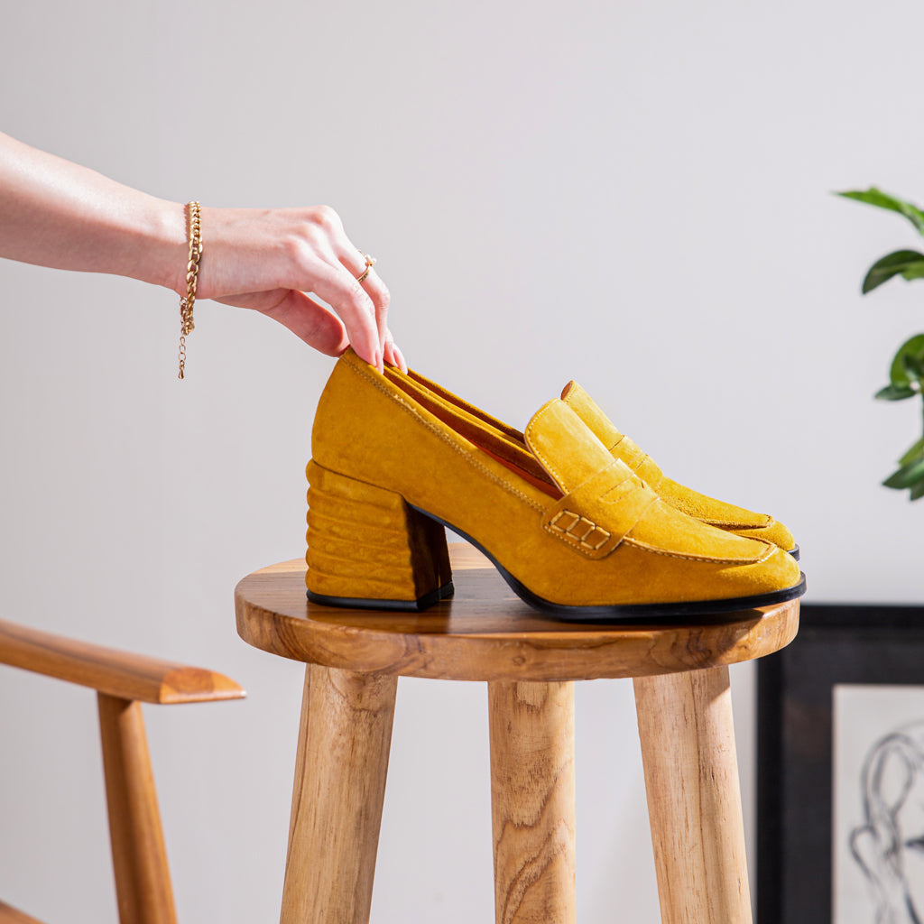 Ladies mustard suede leather shoes, styled lifestyle shot, UK