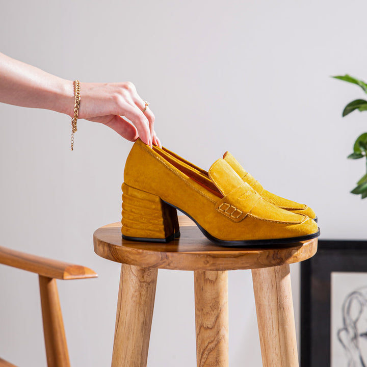 Ladies mustard suede leather shoes, styled lifestyle shot, UK