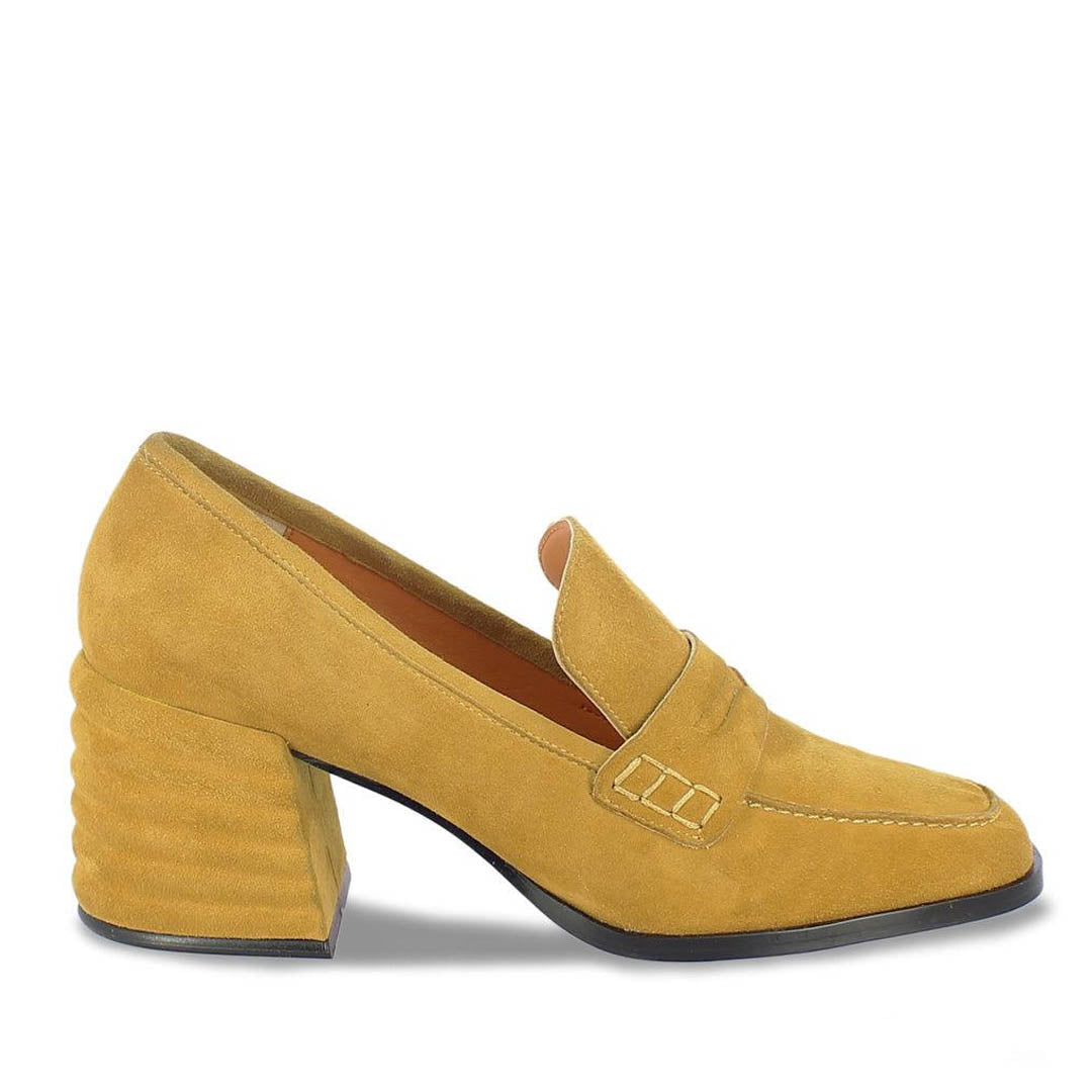 Best Women's mustard suede handcrafted shoes, side profile with block heel, UK