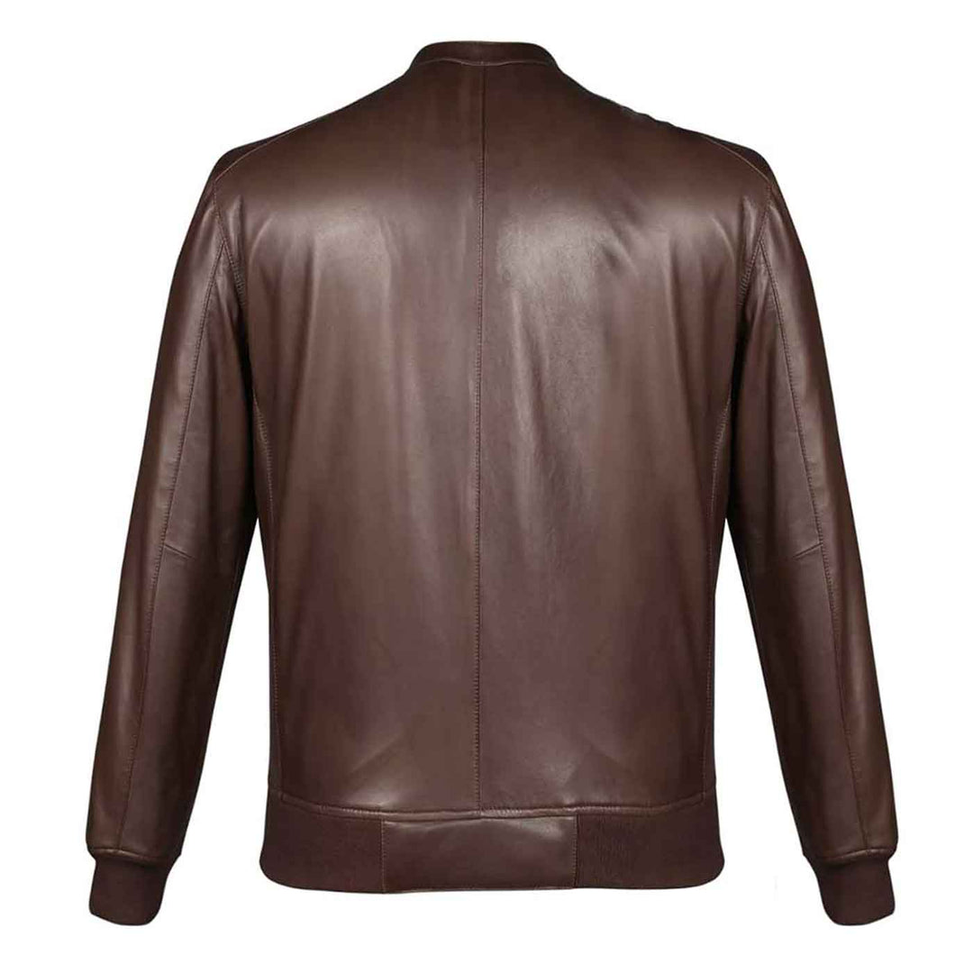 Back view of a brown leather bomber jacket showing the ribbed hem and cuffs.